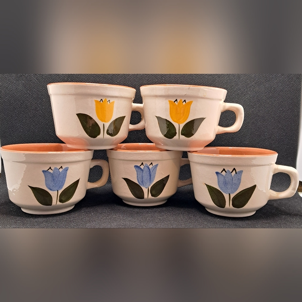Vintage Set Of 5 Stangl Pottery Yellow / Blue Tulip coffee cups Marked